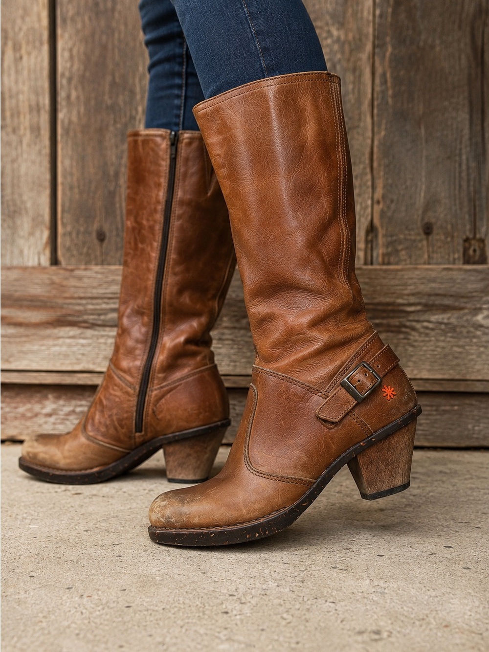 ART Cognac Brown Leather Knee High Heeled Boots Size 37 Moto Western Boho